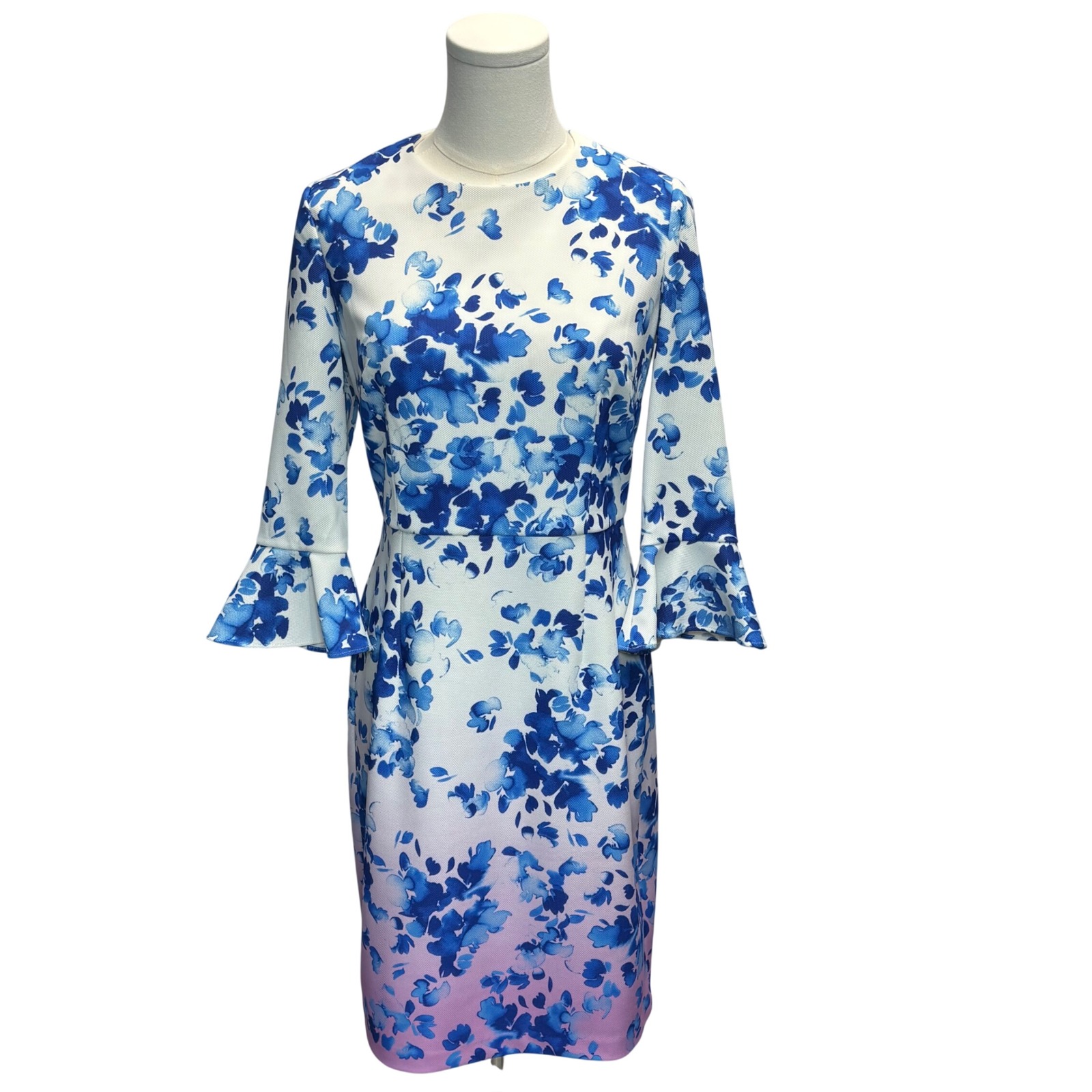 Donna Morgan Spring Dress Sz 6 White Blue Floral Bell Sleeve Career Office Artsy
